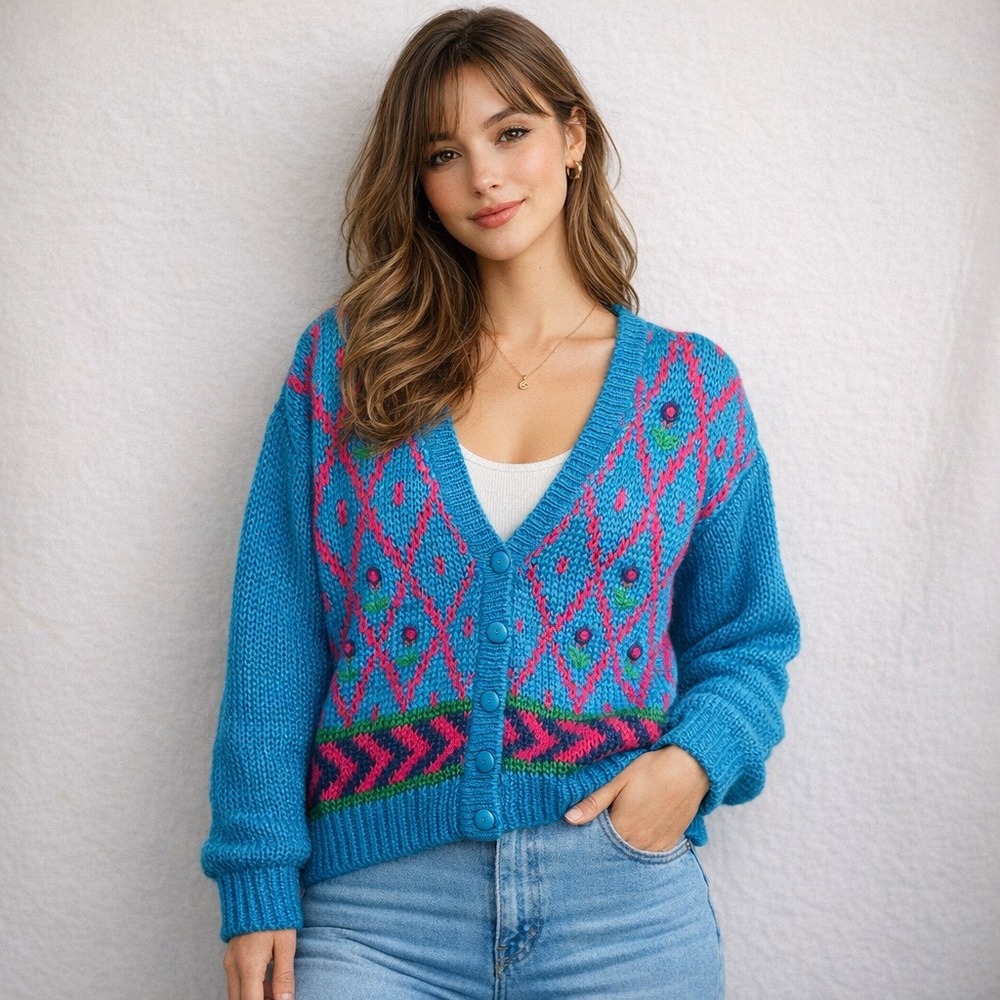 Vintage Mainframe Cardigan Sweater‎ Blue Cottagecore Floral Argyle Knit Large